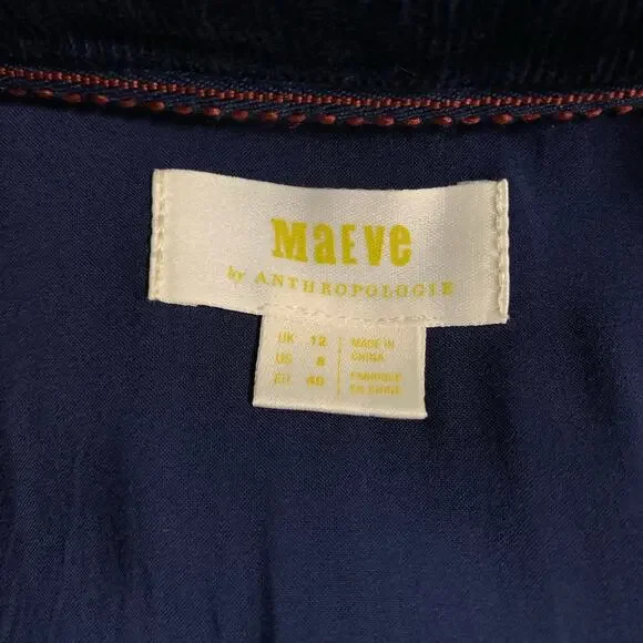 Maeve Anthropologie Winchester Shirt Dress Blue Corduroy Tie Front Women's 8 - Picture 8 of 11